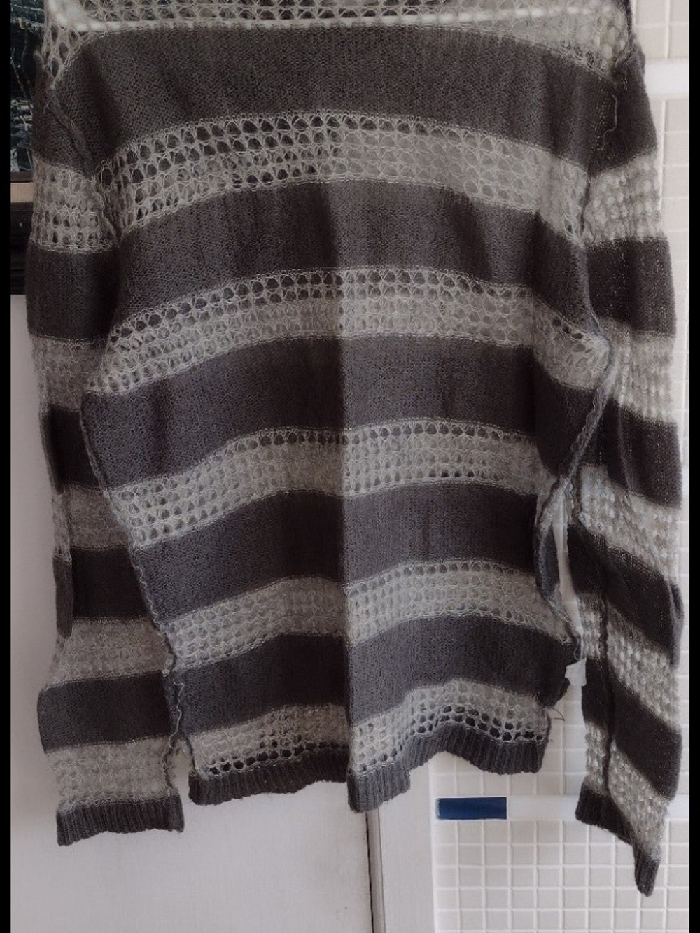 Neil Barrett Men's Striped Open-Knit Crewneck Sweater — Dark Gray & Light Gray